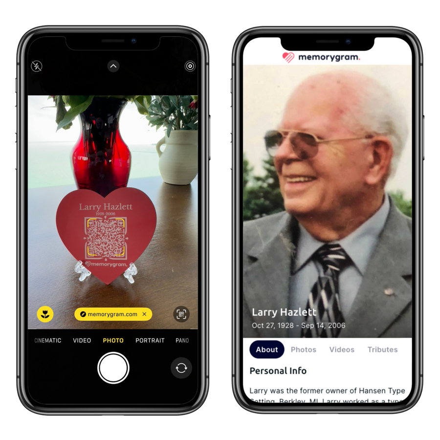 A phone scanning a medallion and the memorial page that opens
