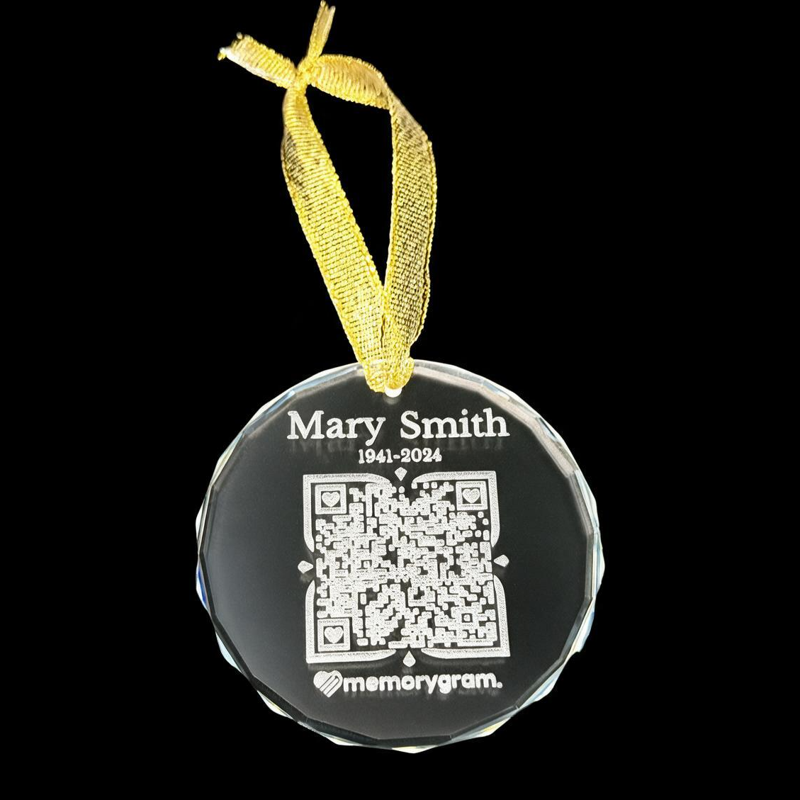 Memorial QR Ornament engraved with name, dates and QR code linking to a Virtual Memorial