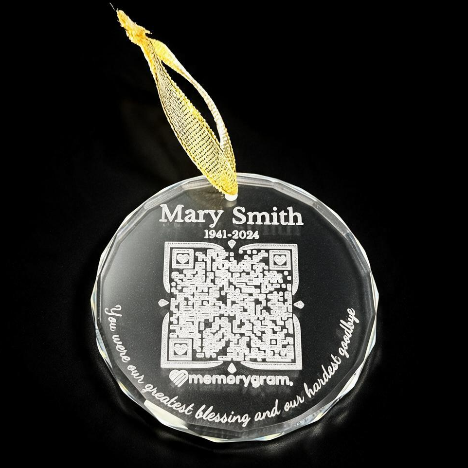 Memorial QR Ornament with a saying engraved in script around the edge