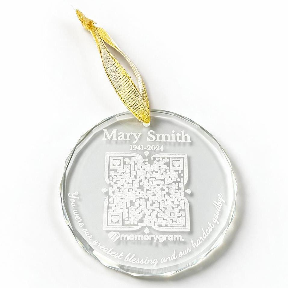 Memorial QR Ornament with edge saying on white background