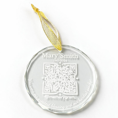 Memorial QR Ornament with edge saying on white background
