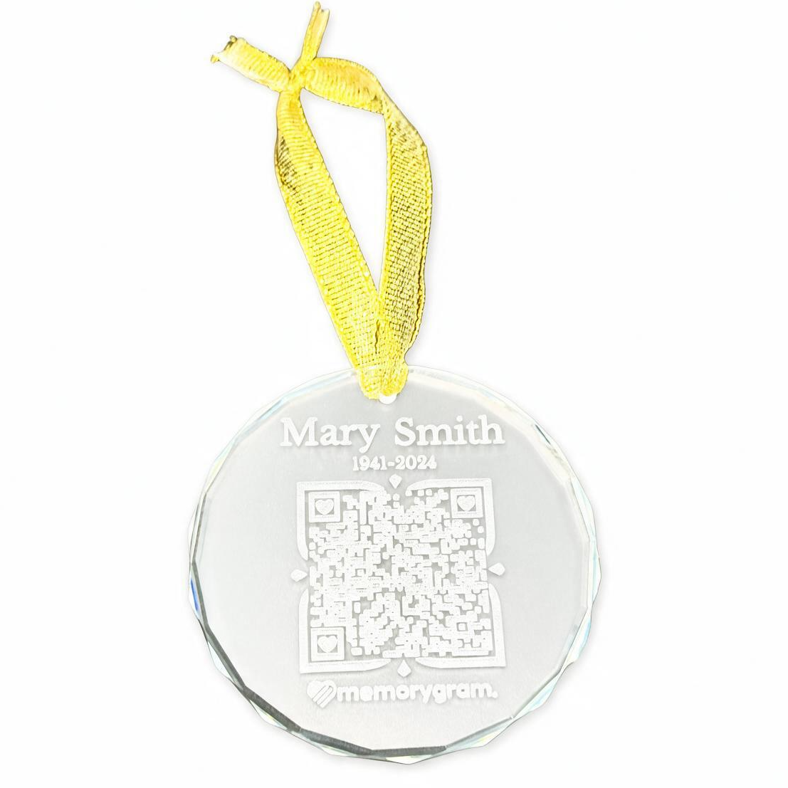 Memorial QR Ornament engraved with name, dates and QR code on white background