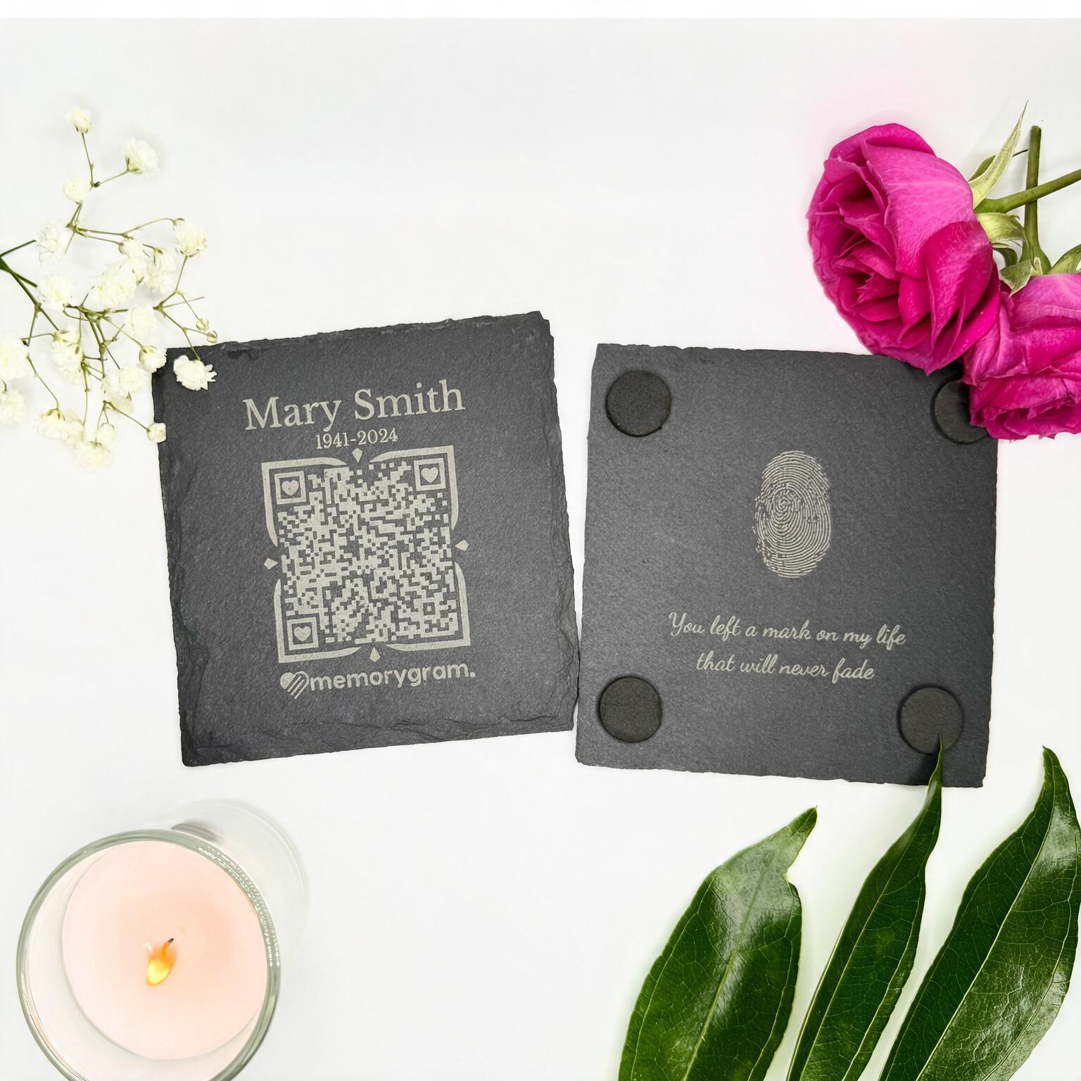 Styled photo of fingerprint engraving on back of memorial slate coaster