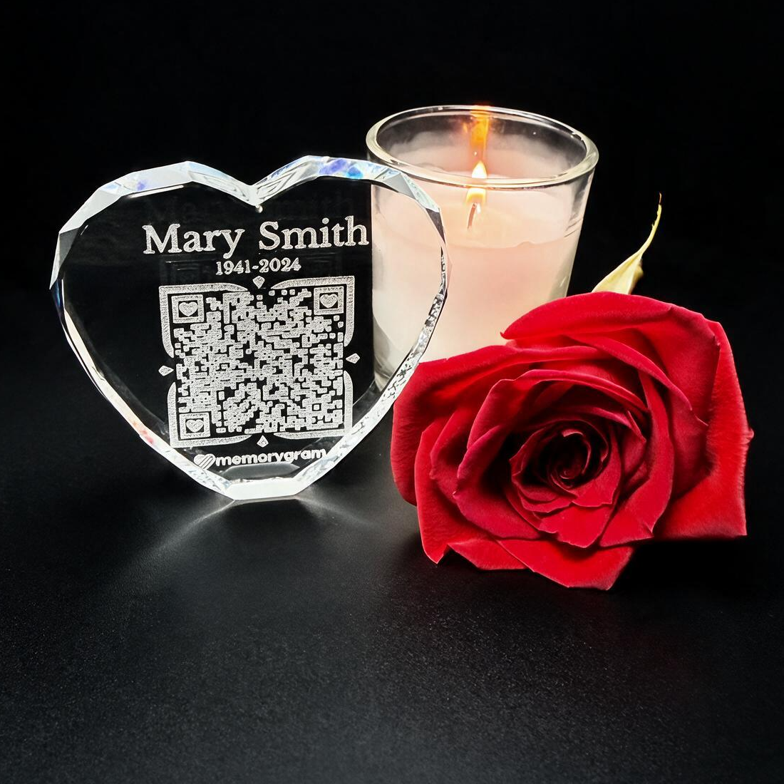 QR Remembrance Crystal styled with candle and rose