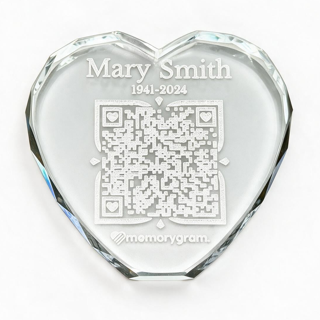 Heart crystal memorial keepsake engraved with name, dates and QR code on white background