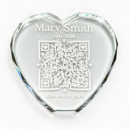 Heart crystal memorial keepsake engraved with name, dates and QR code on white background