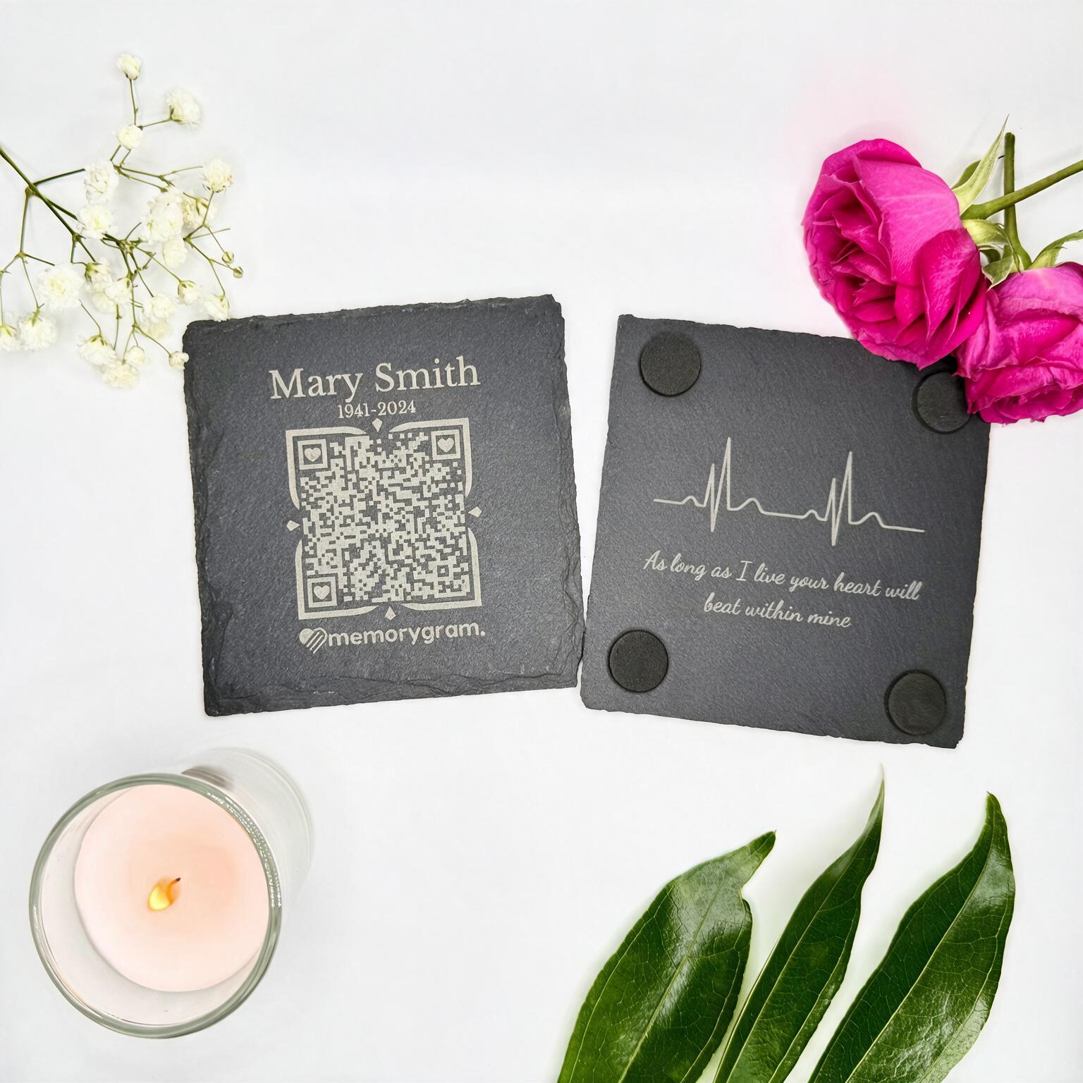 Styled photo of heartbeat engraving on back of memorial slate coaster