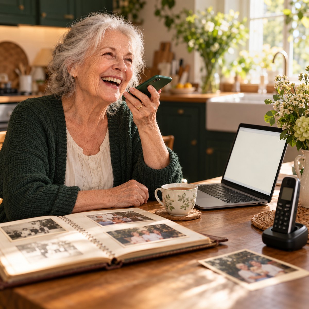 A grandmother laughing as she records her life story on her smartphone at the kitchen table, with a laptop and home phone beside her
