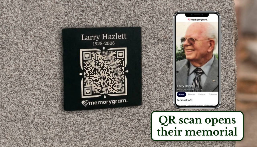 Black square Memorygram QR medallion engraved with a name and years of life, on a headstone