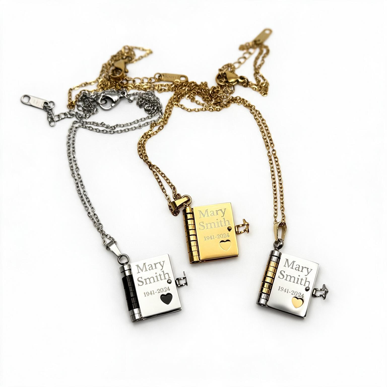 Remembrance Book Necklaces in Gold, Silver and Silver Gold engraved with name and dates