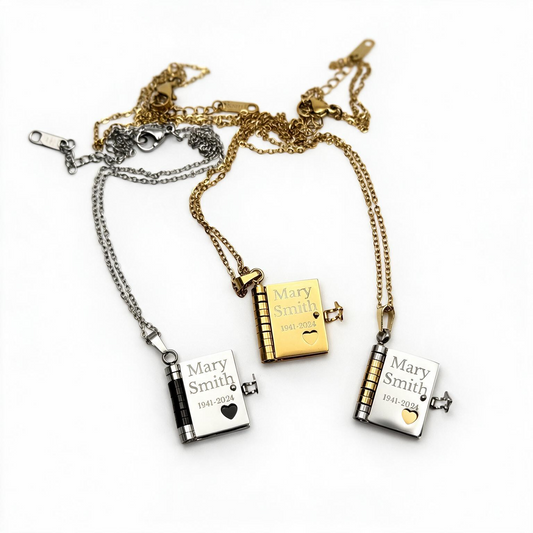 Remembrance Book Necklaces in Gold, Silver and Silver Gold engraved with name and dates