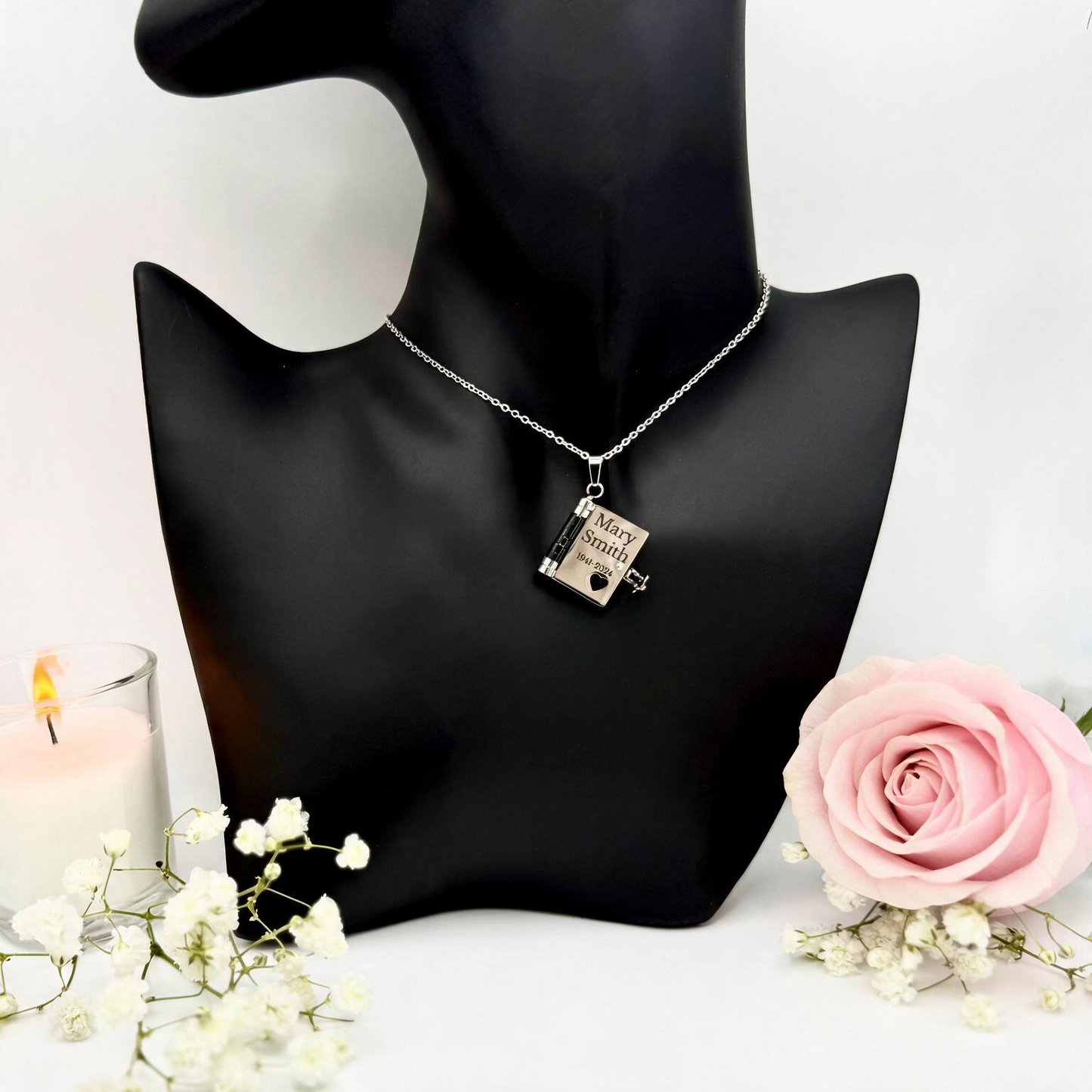 Silver Remembrance Book Necklace engraved with name and dates