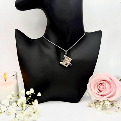 Silver Remembrance Book Necklace engraved with name and dates