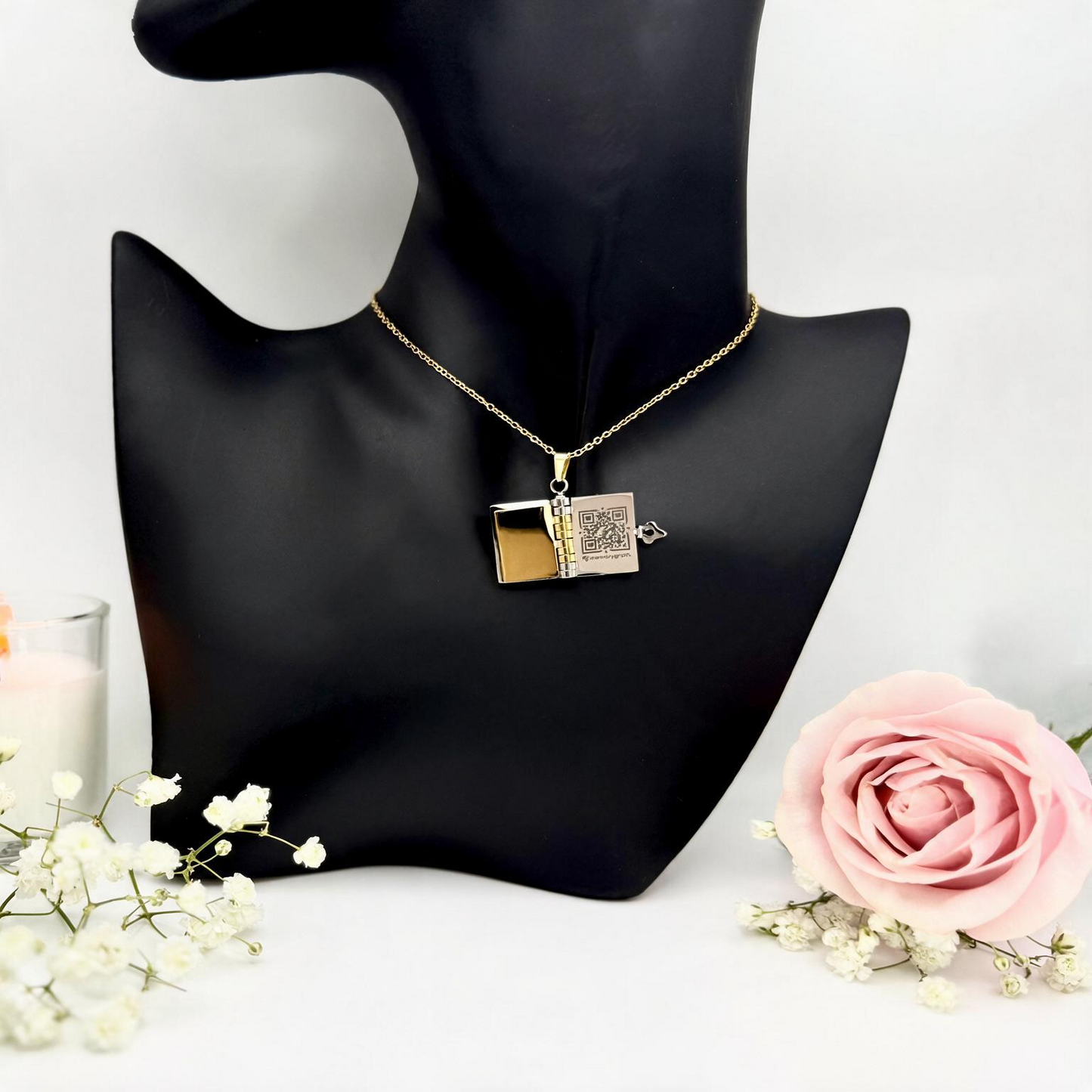 Inside of book necklace with small engraved QR code