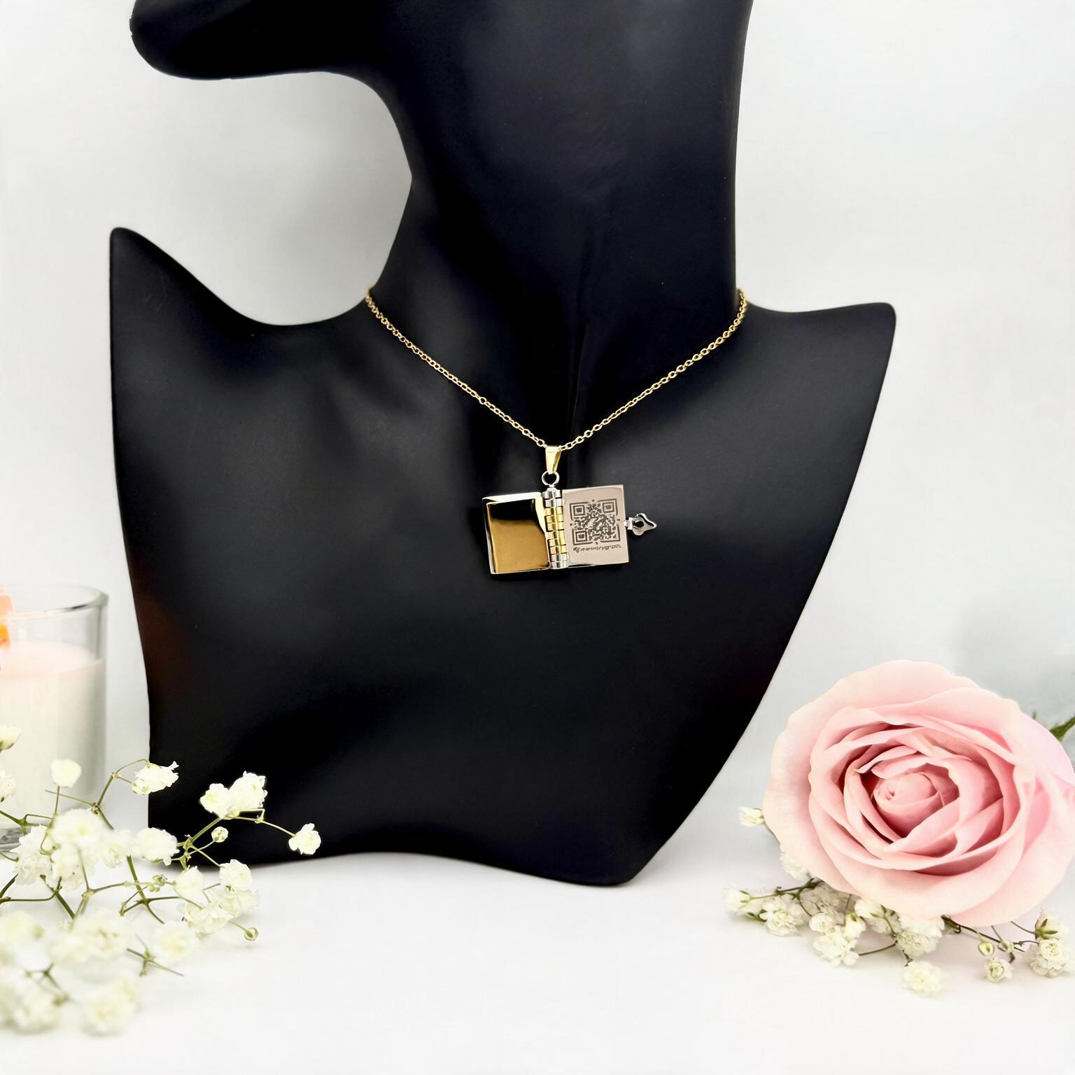 Inside of book necklace with small engraved QR code