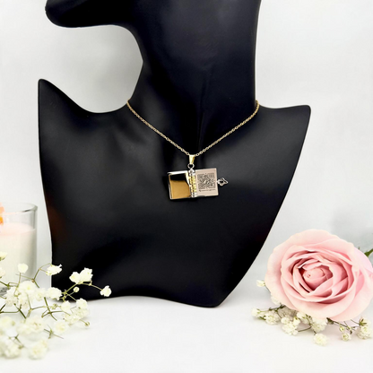 Inside of book necklace with small engraved QR code