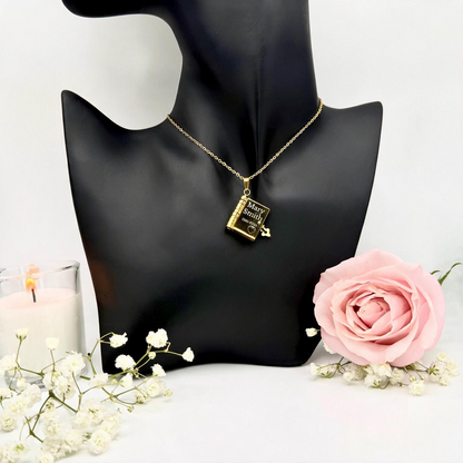 Gold Remembrance Book Necklace engraved with name and dates