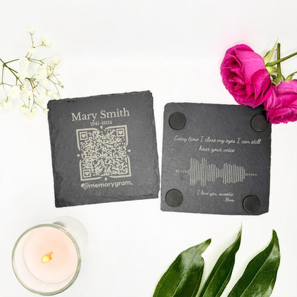 Styled photo of voice waveform engraving on back of memorial slate coaster
